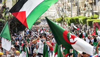 Manifestation en Algérie avec drapeaux palestiniens et algériens.