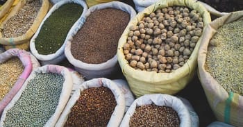 Sacs de légumineuses sèches variées au marché d'Alger.