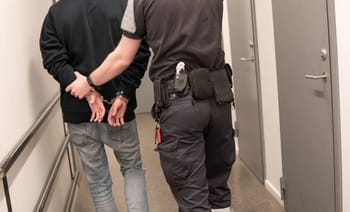 Policier menottant un homme dans un couloir d'immeuble.