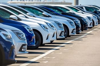 Voitures neuves alignées dans un parking en Algérie.