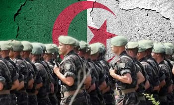 Groupe de soldats en uniforme devant un mur peint du drapeau algérien.