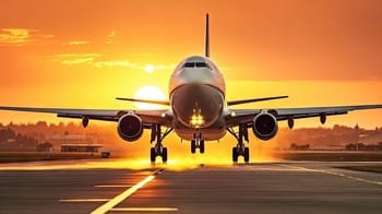 Avion prêt à décoller au coucher du soleil sur la piste.
