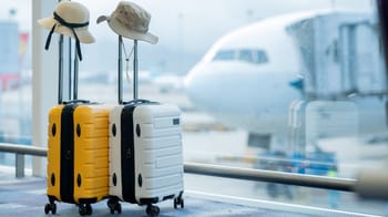 Bagages avec chapeaux à l'aéroport près d'un avion.