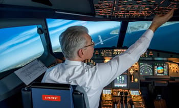 Pilote d'avion en cabine de pilotage avec vue sur l'océan.