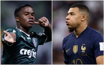 Endrick et Kylian Mbappe lors d'un match de football.