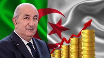 Président Tebboune avec le drapeau algérien en arrière-plan et une croissance économique symbolisée.