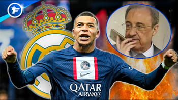 Kylian Mbappé avec le logo du Real Madrid en arrière-plan.
