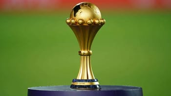 Trophée de la CAN 2023 en or sur fond vert.
