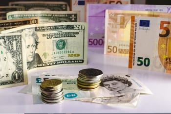 Billets en euros et dollars avec pièces de monnaie sur fond blanc.