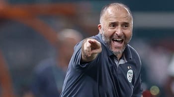 Djamel Belmadi, entraîneur de l'Algérie, encourage son équipe lors d'un match.