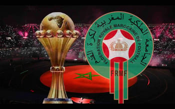 Trophée de la CAN 2025 avec logo de la Fédération Royale Marocaine de Football.
