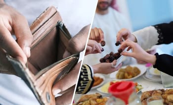 Familles partageant un repas et vérifiant leur portefeuille.