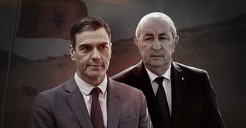 Deux hommes politiques en costume avec drapeaux en arrière-plan.