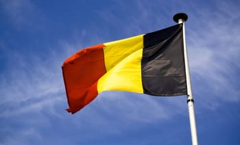 Drapeau national belge au vent contre un ciel bleu clair.