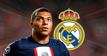 Kylian Mbappé en maillot du PSG avec le logo du Real Madrid en arrière-plan.