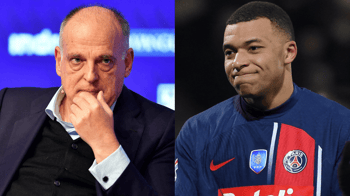 Javier Tebas et Kylian Mbappe lors d'une conférence ou d'un événement sportif.