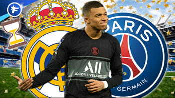 Kylian Mbappé en maillot du PSG devant les logos du Real Madrid et du PSG.