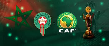 Logos de la CAF, Maroc et trophée de la Coupe d'Afrique des Nations.