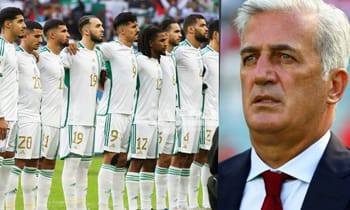 L'équipe nationale de football en formation avec leur entraîneur.