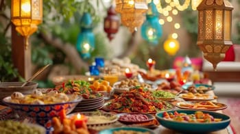 Table de Ramadan avec plats traditionnels et décorations colorées.