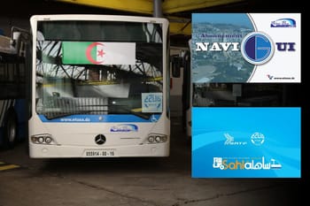 Bus ETUSA avec logo, affichages numériques et drapeau algérien.