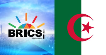 Logo BRICS avec drapeau algérien en arrière-plan.