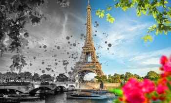 Vue de la Tour Eiffel avec un mélange de couleurs et de nature.