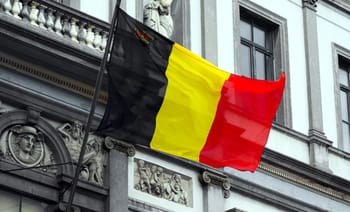 Drapeau belge en tissu flottant devant un bâtiment historique.