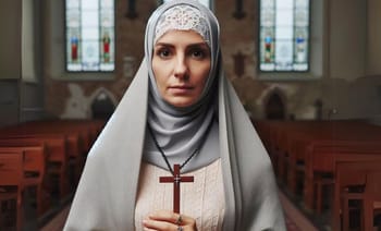 Jeune femme religieuse en prière dans une église avec vitraux colorés.