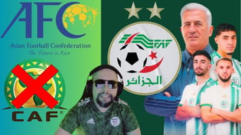 Logo de la CAF et de la FAF avec des joueurs algériens et un officiel.