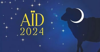 Illustration de l'Aïd al-Adha 2024 avec un mouton et la lune.