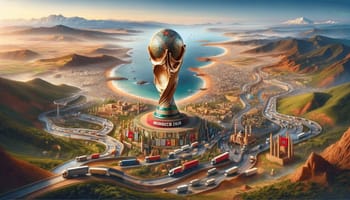 Statuette de la Coupe du Monde 2030 au Maroc avec paysage montagneux.