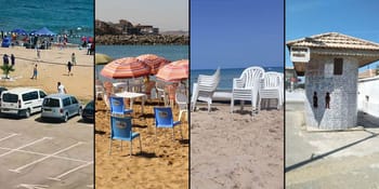 Plages algériennes avec parasols, chaises et sauveteur.