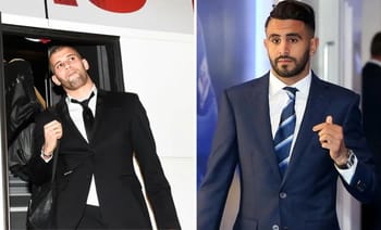 Riyad Mahrez et Slimani en costume lors d'un événement sportif.