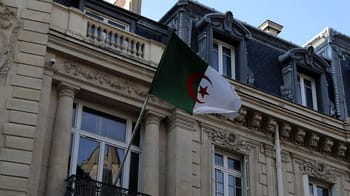Drapeau algérien devant un bâtiment historique à Paris.