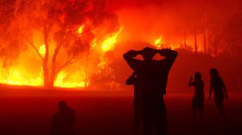 Feux de forêt dévastateurs en Algérie, personnes observant le feu.