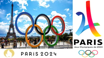 Les anneaux olympiques devant la Tour Eiffel à Paris pour les Jeux 2024.