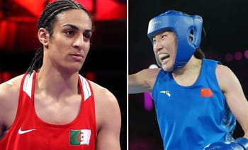 Imane Khelif en boxe, concentrée et prête pour le combat.