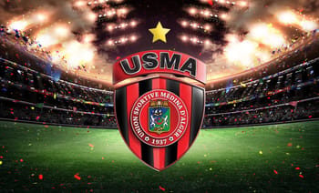 Logo de l'USMA dans un stade avec feux d'artifice et confettis.