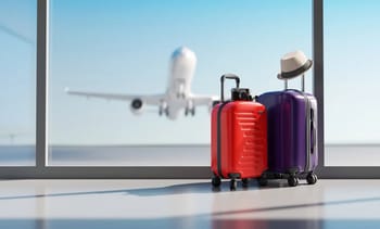 Valises rouges et violettes devant une fenêtre avec avion en vol.
