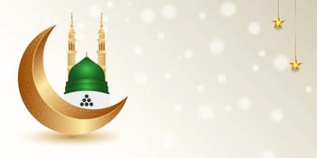 Illustration de la lune, du minaret et du dôme vert pour Mawlid Ennabaoui 2024.