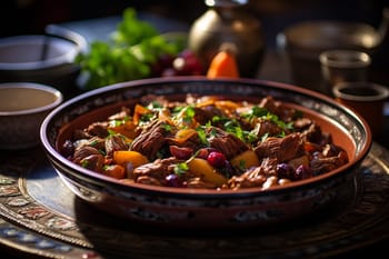 Tajine riche en viande, légumes et épices du Maghreb.