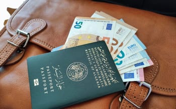 Argent en euros et passeport sur sac en cuir pour voyage en Algérie.