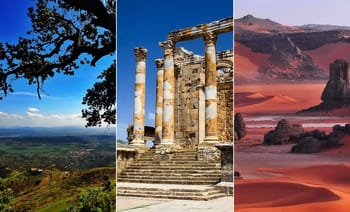 Divers paysages d'Algérie : montagnes, ruines antiques, désert.