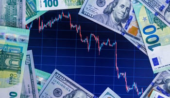Graphique de fluctuation du taux de change euro/dollar avec des billets de banque.