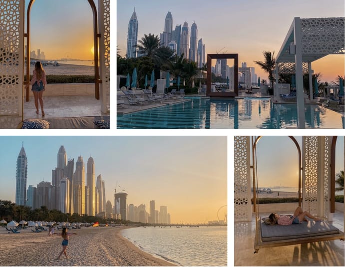 Vue panoramique de Dubaï avec skyline et plages au coucher du soleil.