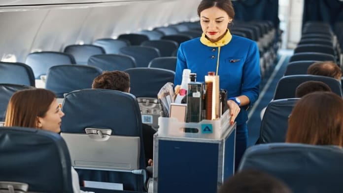 Hôtesse de l'air servant des boissons à bord d'un avion.