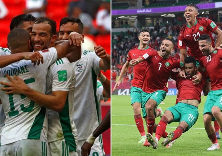 Célébration de joueurs de football algériens et marocains après un match.