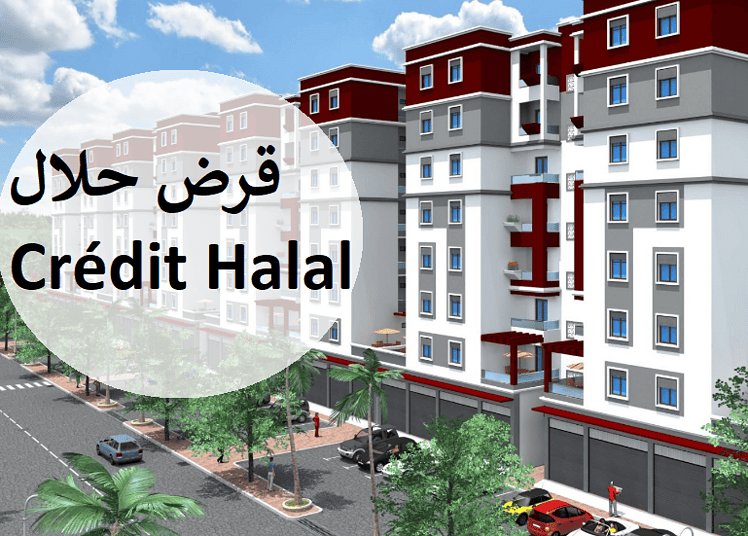 Immeuble résidentiel moderne avec logo Crédit Halal en premier plan.