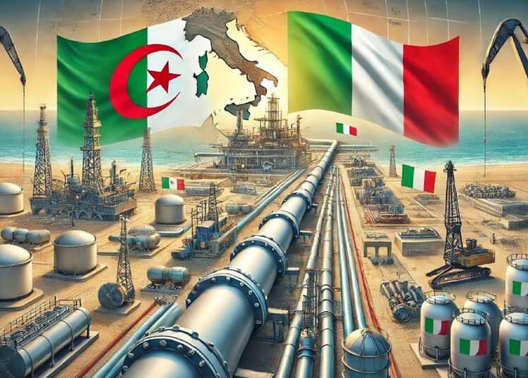 Algérie-Italie : un commerce record proche des 9 milliards Pipeline gazier entre l'Algérie et l'Italie avec drapeaux.